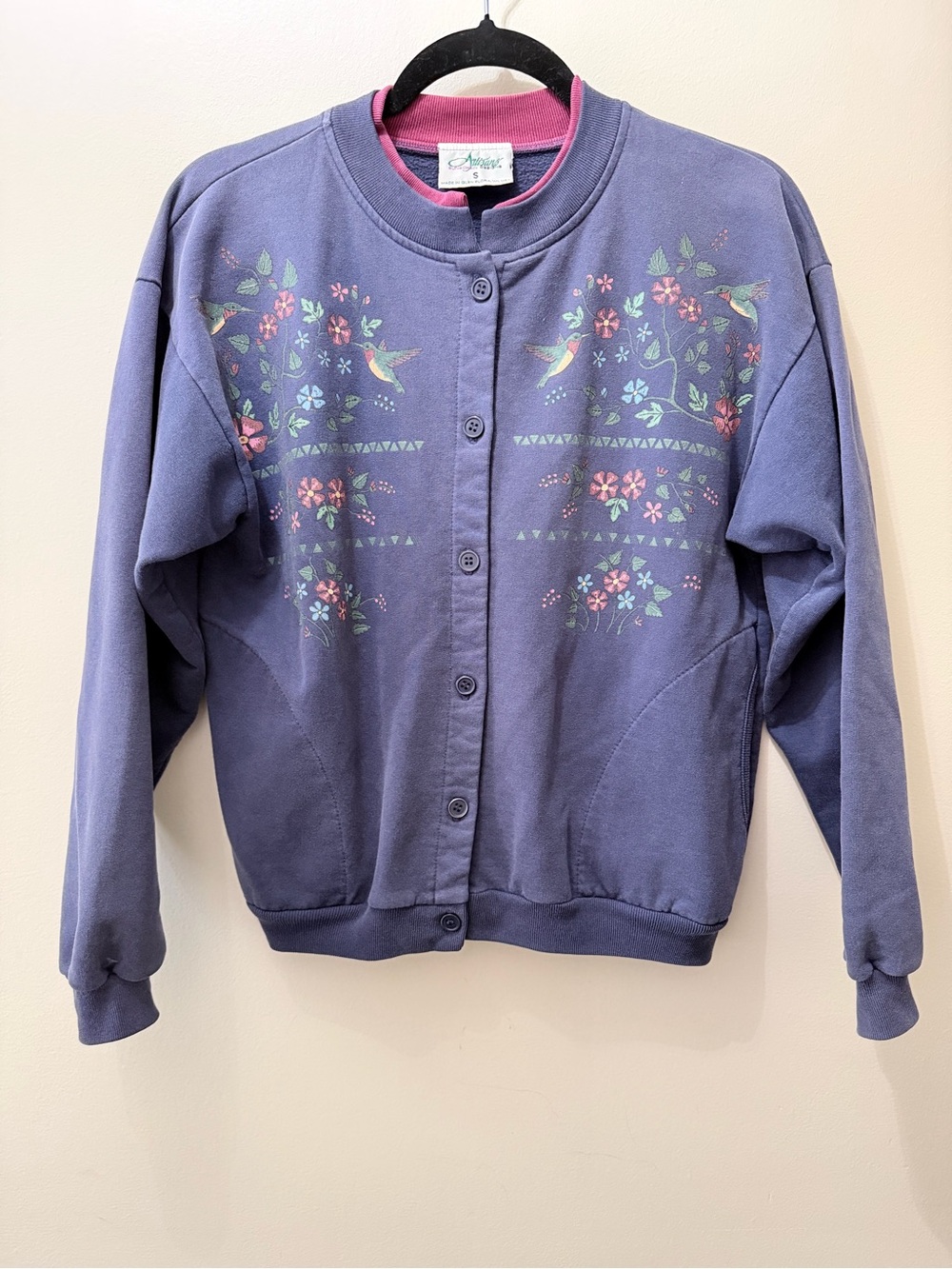 Vintage 90s Humming Bird Floral Cardigan Double Collar Sweater Pockets Cottage S